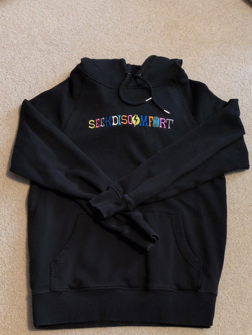 Yes Theory Black Hoodie with Multicolor 'Seek Discomfort' Embroidery